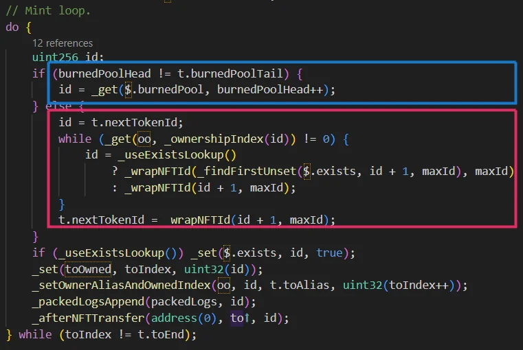 How _mintNext hands out an ID from the burn pool