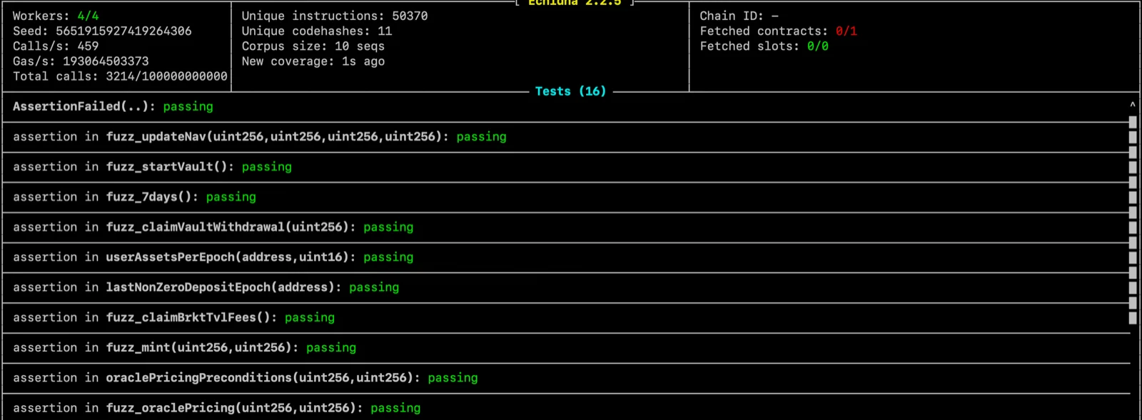 Echidna output showing test results and assertions with green passing status