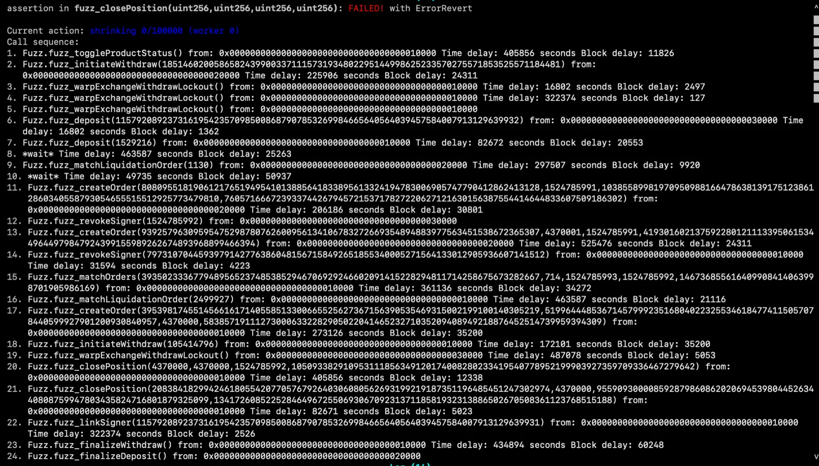 Complex Echidna call sequence showing multiple function calls with timestamps and parameters